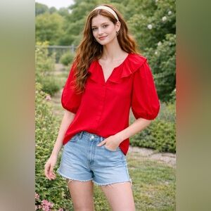 Madewell Ruffled Y-Neck Cotton-Silk Top Festival Red XS Puff Sleeve NWT